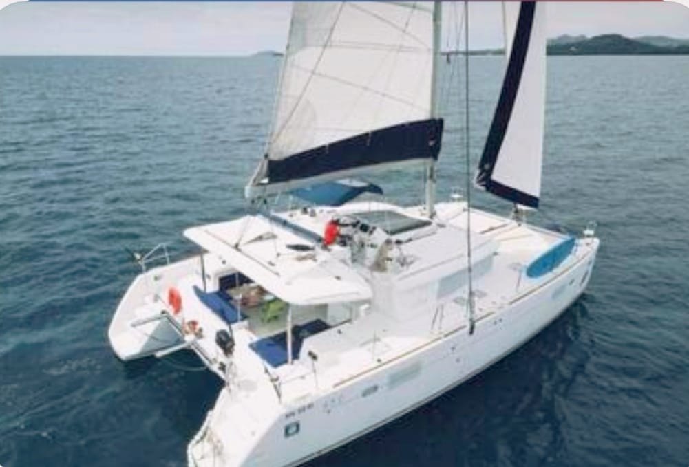 The Adventurer catamaran at anchor